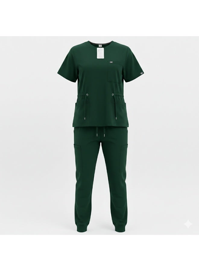 Dark green short-sleeve medical scrub suit, suitable for daily use in hospitals and clinics. Practical design made from comfortable fabric that allows easy movement and is simple to care for and clean. - Image 2